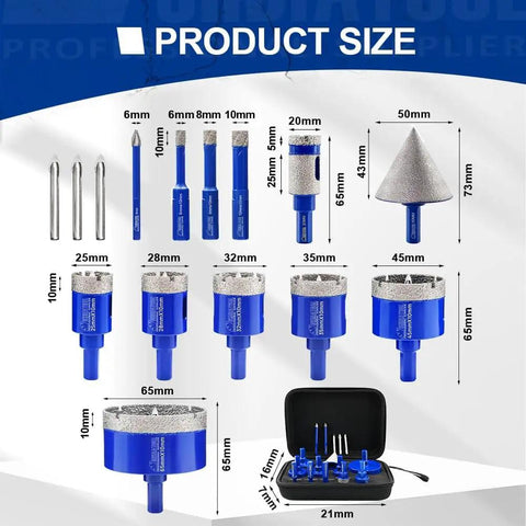 Tile Diamond Drill Bits Kit For Porcelain And Ceramic Tile 16 Piece Hole Saw Set With Core Bits and case, showing sizes.
