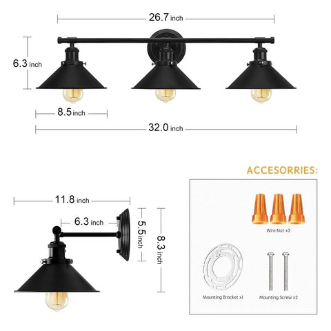 Upgrade 32 Inch Black Bathroom Light Fixture With 3 Light Vanity Lights Dope Rustic Matte Black Farmhouse Style Industrial Modern Vanity Lighting Over Mirror Sconce with dimensions and accessories shown.