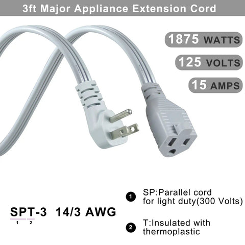 Beefed Up Heavy Duty 3 Foot Appliance Extension Cord 14 AWG 3 Prong Flat Wire SPT 3 Grounded Cable For Major AC Unit Air Conditioner Refrigerator Low Profile Male To Female Extender