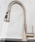 Pull Down Faucet Head Replacement With Three Function Sprayer Modes, Brushed Nickel, spraying water in kitchen setting