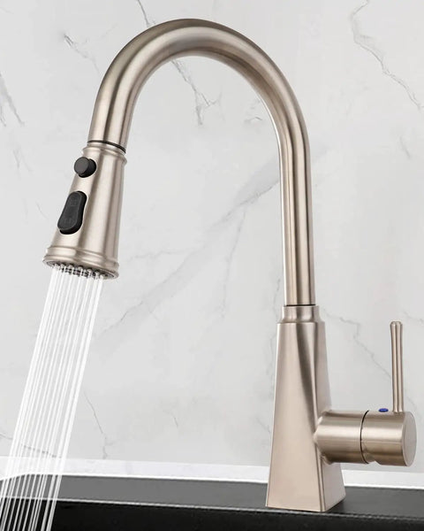 Pull Down Faucet Head Replacement With Three Function Sprayer Modes, Brushed Nickel, spraying water in kitchen setting