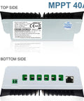 40A MPPT Solar Charge Controller for 12V and 24V Systems with Auto Voltage Recognition shown top and bottom sides