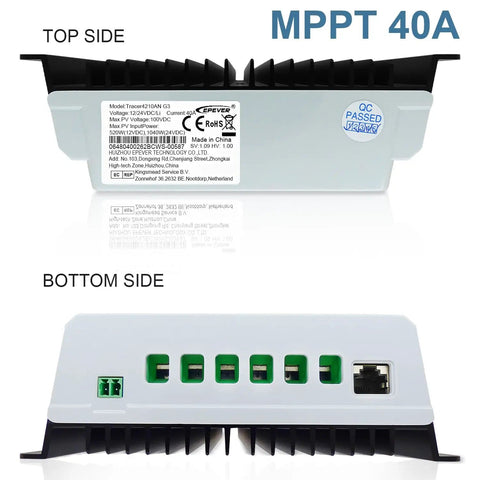 40A MPPT Solar Charge Controller for 12V and 24V Systems with Auto Voltage Recognition shown top and bottom sides