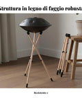 Heavy Duty Beech Wood Drum Rack With Rock Solid Tripod Frame And Adjustable Rope Fastening Foldable Portable Steel Drum Stand For Band Pros With Thick Foam Padding Large Tour Ready Setup displayed with drum.