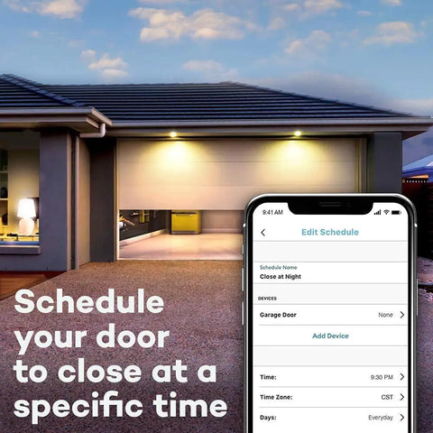 Smart Garage Control Hub With WiFi And Bluetooth Smartphone Controlled Garage Opener Remotely Open Or Close From Anywhere With MyQ App Works With Amazon Key In Garage Delivery Keeps Your Home Safe showing scheduled door control on smartphone
