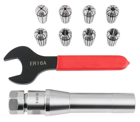R8 Shank ER16 Collet System 8 Piece Set With 3 Thirty Second Inch To 3 Eighths Inch Collets Includes 1 Wrench In A Fitted Box Self Releasing Design shown with ER16 collets, wrench, and R8 shank