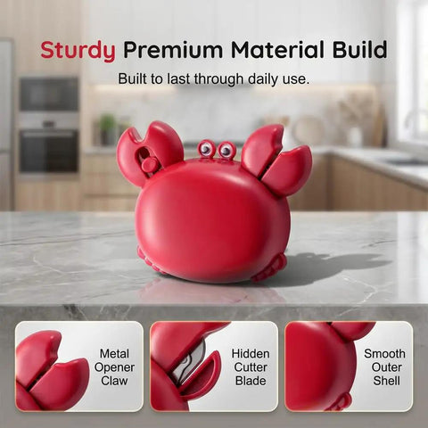 Three In One Handy Crab Shaped Kitchen Tool With Magnetic Bottle Opener, Cutter And Mini Scissors, yellow on countertop