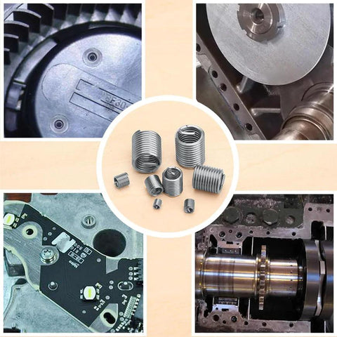 Helicoil thread inserts kit, 140-pcs, 304 stainless steel; coil sleeves with front/side/close-up machinery views