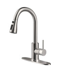 Top Shelf High Arc Kitchen Faucet With Pull Down Sprayer And Three Spray Settings Brushed Nickel Single Handle, side view, 360 swivel