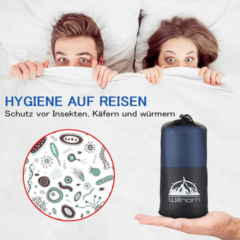 Sleeping Bag Liner For Backpacking And Travel Sheets shown with hygiene illustration and packed in carry bag