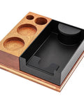 Hella Durable Premium Sapele Wood Espresso Tamper Station Featuring A Slick Built In Slide For Your 58mm Portafilter And A Killer Coffee Bar Accessory Organizer You Love, showing wooden and black compartments.