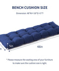Outdoor Bench Cushion 48 By 18 By 5 Inch Waterproof Tufted Seat Pad For Patio Porch Swing Sofa And Indoor Furniture Fade Resistant Navy Blue Weatherproof Cushion For All Weather Lounging, showing dimensions.
