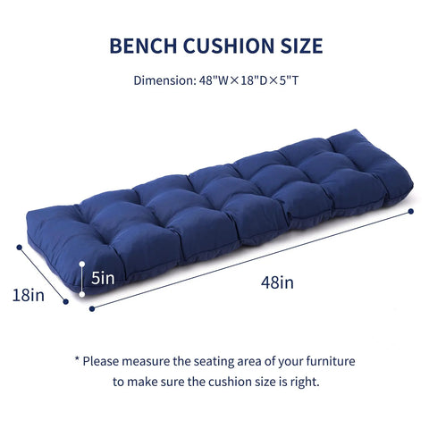 Outdoor Bench Cushion 48 By 18 By 5 Inch Waterproof Tufted Seat Pad For Patio Porch Swing Sofa And Indoor Furniture Fade Resistant Navy Blue Weatherproof Cushion For All Weather Lounging, showing dimensions.