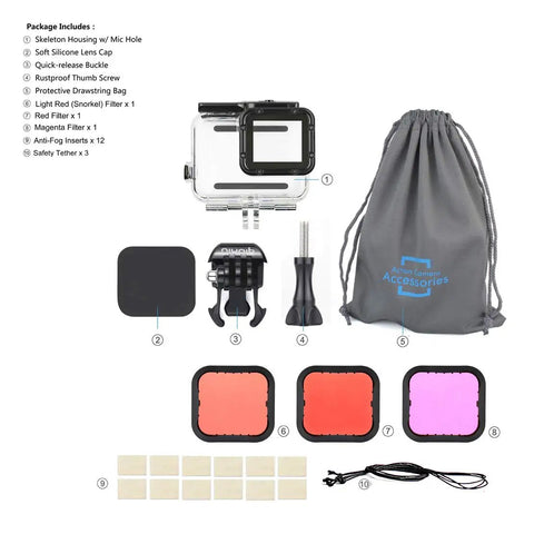 Contents of Waterproof Action Camera Housing For Hero 5 6 7 Black With Underwater Filters Red, Light Red, And Magenta included.