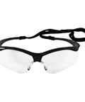 Hella Durable Lightweight Safety Glasses With Clear Polycarbonate Lenses And Sleek Black Frames, front view with strap, ideal for indoor work.