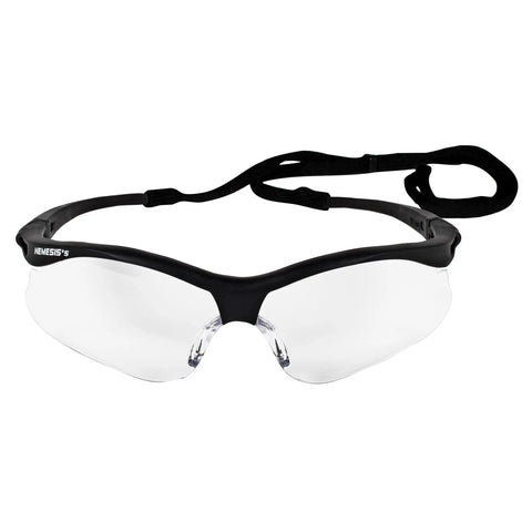 Hella Durable Lightweight Safety Glasses With Clear Polycarbonate Lenses And Sleek Black Frames, front view with strap, ideal for indoor work.