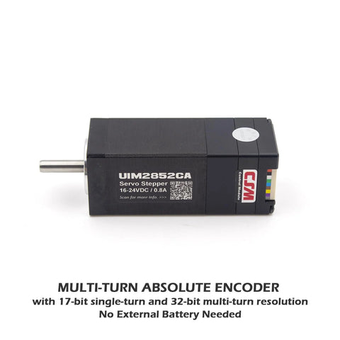 Side view of black UIM2852CA servo stepper motor with built-in encoder and color-coded connector