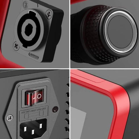 Close-up of Hot Box Induction Dent Repair Tool controls and power switch for paintless auto body work, aluminum build.