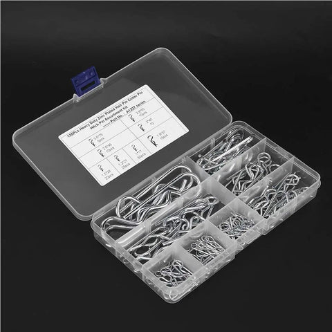Workhorse 125 Piece Carbon Steel Hair Pin Set With R Hitch Split Pin Kit in plastic case showing 8 sizes for outdoor machinery