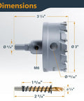 Heavy Duty 3 Inch Tungsten Carbide Hole Saw Set With Titanium Pilot Bit dimensions showing blade and pilot specifications.