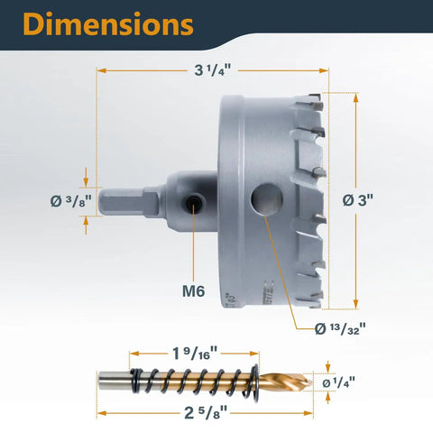 Heavy Duty 3 Inch Tungsten Carbide Hole Saw Set With Titanium Pilot Bit dimensions showing blade and pilot specifications.