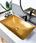 Next Level Golden Ceramic Vessel Sink For Above Counter Bathroom Vanity, Killer Artistic Wash Basin With Sleek Black Faucet And Pop Up Drain, Slick High Gloss Porcelain Bowl, Absolute Stunner, Zero Hassle Setup displayed on a countertop.