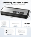 Powerful 90KPa 8-in-1 Food Vacuum Sealer with accessories including bags, roll holder, vacuum hose, power cord, and user manual.