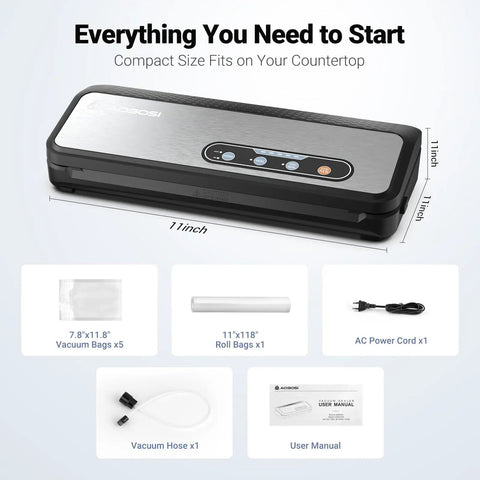 Powerful 90KPa 8-in-1 Food Vacuum Sealer with accessories including bags, roll holder, vacuum hose, power cord, and user manual.