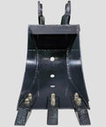 Front view of 12 Inch Front Hoe Hydraulic Tilt Bucket For Mini Skid Steer Fronthoe Backhoe Excavator with bolt-on teeth and drainage holes.