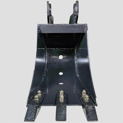 Front view of 12 Inch Front Hoe Hydraulic Tilt Bucket For Mini Skid Steer Fronthoe Backhoe Excavator with bolt-on teeth and drainage holes.