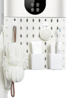 Slick Wall Mounted Pegboard Organizer With Hassle Free Punch Free Design And Legit Abs Durability For Garage Shop And Home Gas Water Heater Pipe Cover That Slaps Away Clutter And Upgrades Your Storage Game, featuring white tool storage with bathroom essentials.
