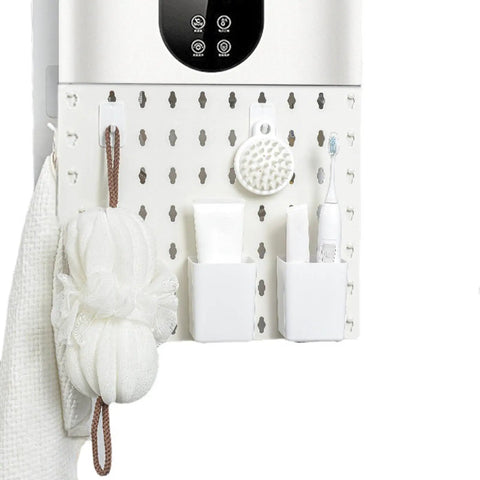 Slick Wall Mounted Pegboard Organizer With Hassle Free Punch Free Design And Legit Abs Durability For Garage Shop And Home Gas Water Heater Pipe Cover That Slaps Away Clutter And Upgrades Your Storage Game, featuring white tool storage with bathroom essentials.