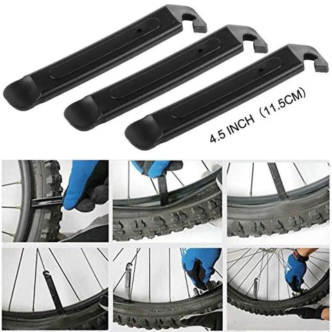 Bike Repair Tool Kit 16 In 1 For Quick Fixes With Glueless Tire Patches And Tire Levers demonstrating tire removal