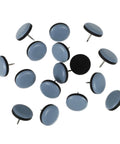 Blue PTFE Chair Leg Floor Protectors 16 Pcs scattered, side view, noiseless sliders, anti scratch for hardwood, tile, and linoleum floors