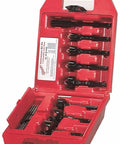 Contractors Self Feed Bit Kit, 7 Piece in red case, durable drill bits with ball and roller bearings, open view.