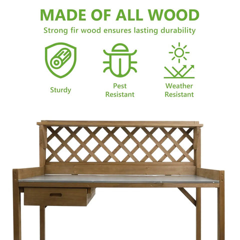 Outdoor Fir Wood Potting Bench With Metal Table Top Drawer Large Bottom Shelf and Open Shelf Garden Work Station with lattice back.