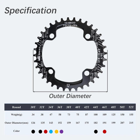 104 BCD Narrow Wide Round MTB Chainring 32T Ultralight Badass Black Aluminum Compatible with Shimano Cranksets