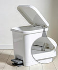 Six Pack Hydraulic Soft Close Dampers For Trash Cans 3.34 Inch Hella Quiet Lid Cushioner showcased on white trash can.