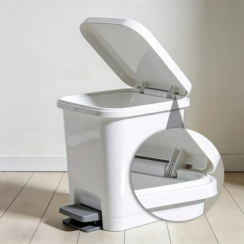 Six Pack Hydraulic Soft Close Dampers For Trash Cans 3.34 Inch Hella Quiet Lid Cushioner showcased on white trash can.