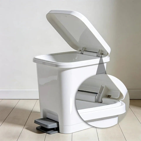 Soft Close Dampers For Trash Can Lids, Heavy-Duty 55-59N Hydraulic Quiet Closer Mechanism shown in a white kitchen trash can.