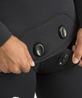 Close-up of fastening detail on 5mm Full Two-Piece Wetsuit For Spearfishing And Freediving In Black, XL, Soft Open-Cell Neoprene.