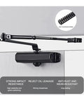 Hydraulic Buffer Door Closer 25Kg To 80Kg With Adjustable Speed For Smooth Silent Close mounted on a wooden door with labels.