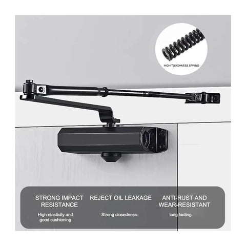 Hydraulic Buffer Door Closer 25Kg To 80Kg With Adjustable Speed For Smooth Silent Close mounted on a wooden door with labels.