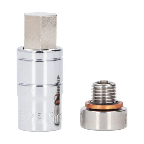 Fix That Stripped Oil Pan Threads Super Quick With This Piggyback Drain Plug Self Tapping M12x1.5 Stainless Steel Repair Kit Including Screw Drill And Wrench For Your Car. M12x1.5 stainless steel oil drain plug repair kit shown with threaded plug and wrench head