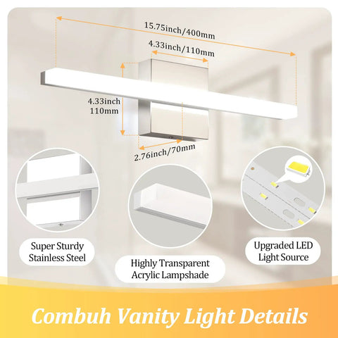 Modern Vanity Light Above Mirror 16 Inch 9W Soft Shadow Free Makeup Friendly Chrome Finish Bathroom Bar Light diagram