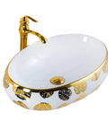 Bathroom Sink Hotel Bathroom Wash Basin Oval Above Table Basin Gold Leaf Flower Art Basin Decorative Wash Basin Bathroom Sink Vessel side view with gold faucet