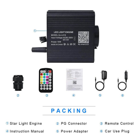 16W Dope Twinkle And Sound Mode RGBW Fiber Optic Star Ceiling Light Kit components including remote and connectors.