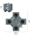 Four Zone Wireless Water Timer And Gateway System With Built In Valves And Flow Meters For Precise Garden Irrigation, No Fuss Zone Control, Remote Scheduling, And Smart Hose Timers. Gray plastic 4-zone valve unit with size measurements.