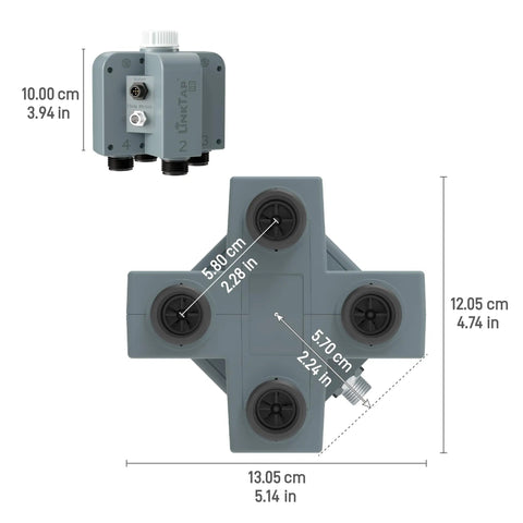 Four Zone Wireless Water Timer And Gateway System With Built In Valves And Flow Meters For Precise Garden Irrigation, No Fuss Zone Control, Remote Scheduling, And Smart Hose Timers. Gray plastic 4-zone valve unit with size measurements.