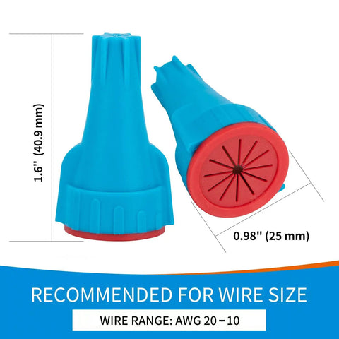 Waterproof Landscape Wire Connectors For 20 To 10 AWG 25 Pack UL Listed shown in blue with dimensions, suitable for outdoor use.